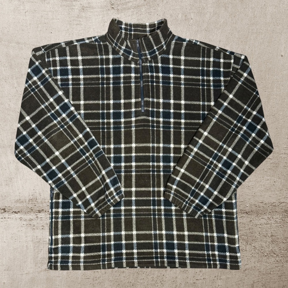 Fieldmaster Plaid Fleece Pullover‎ Sweater Mens Large Brown 1/4 Zip Cozy Outdoor